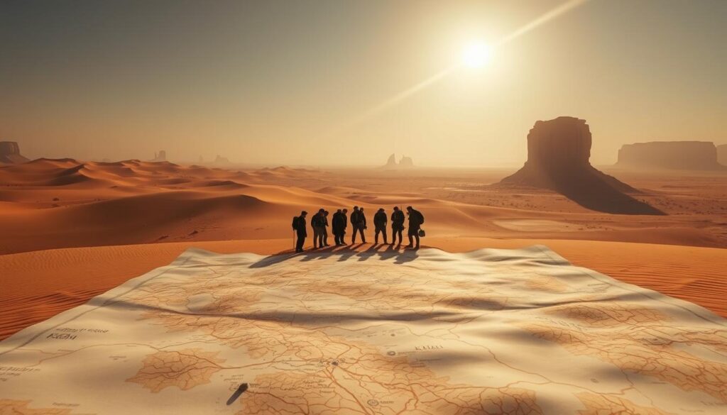 A vast desert landscape, the wind whispering secrets of ancient dunes. In the foreground, a detailed map unfurls, revealing intricate paths and landmarks. Beams of warm, golden light cast long shadows, guiding the way through this unforgiving terrain. In the middle ground, a group of explorers huddle over the map, studying it intently, planning their next steps. In the distance, towering rock formations and shimmering mirages add to the sense of mystery and challenge. The mood is one of determined exploration, the weight of survival and the thrill of discovery. A cinematic, high-resolution image captured through a wide-angle lens, inviting the viewer to immerse themselves in the strategic navigation of this desert world.