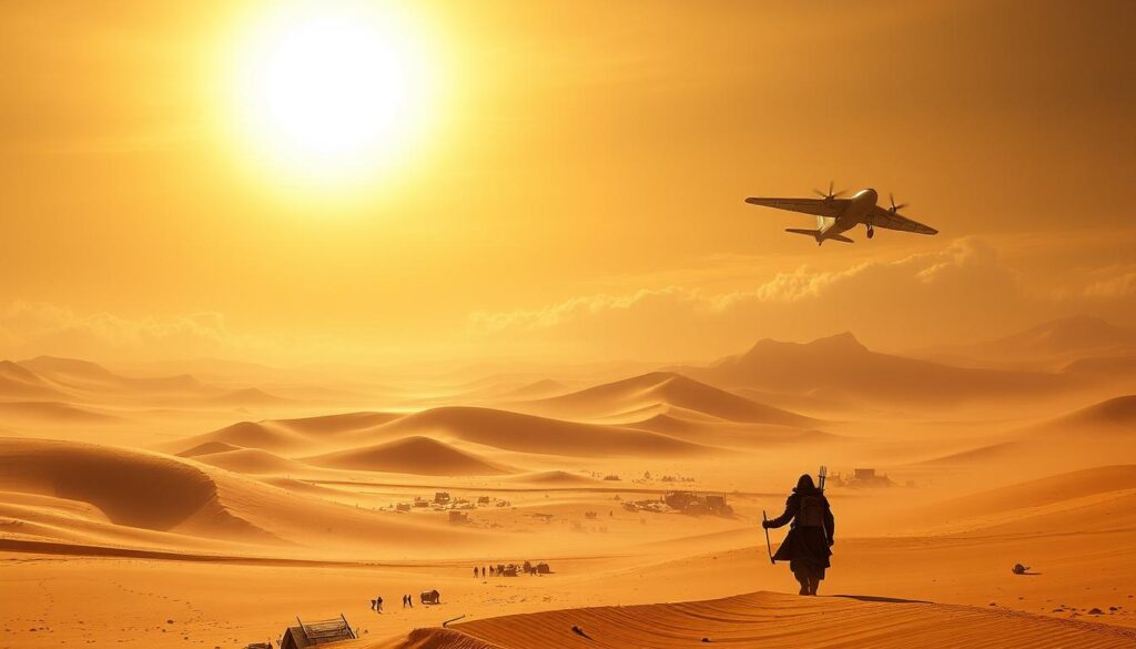 A vast desert landscape under a twin-sun sky, the Dune universe's harsh survival mechanics on full display. In the foreground, a lone Fremen warrior navigates the treacherous terrain, equipped with a stillsuit to preserve precious moisture. Towering sandworms emerge from the rolling dunes, a constant threat to the resourceful inhabitants. Shimmering mirages and billowing dust storms obscure the horizon, creating an atmosphere of unforgiving isolation. The middle ground features a scattered Fremen encampment, with makeshift shelters and moisture vaporators hinting at the community's resilience. In the background, the silhouette of a mighty ornithopter aircraft soars overhead, a symbol of the Imperium's technological dominance. Cinematic lighting and a moody, desaturated color palette emphasize the harsh realities of surviving in this harsh, sun-baked world.
