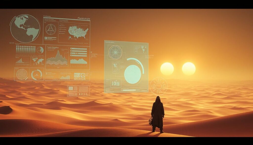 A vast, desert-like landscape stretches out before the viewer, its undulating dunes cast in warm, golden hues. In the foreground, a figure stands tall, clad in a hooded robe and wielding an intricate device, their face obscured by the shadows. Surrounding them, a series of holographic displays project data streams, charts, and schematics, visualizing the complex interplay of geological, atmospheric, and ecological systems. In the distance, twin suns hang low on the horizon, casting a dreamlike glow over the scene. The overall atmosphere is one of mystery, discovery, and the pursuit of deep planetary knowledge, embodying the essence of the Planetologist class and its vital role in understanding the hidden complexities of the Dune universe.