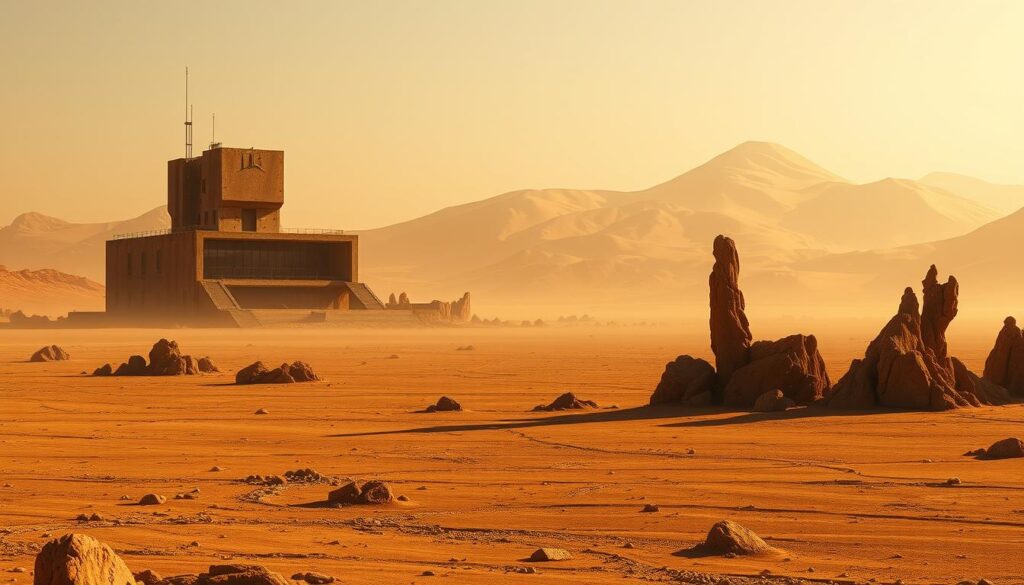 A vast, desolate basin stretches out before a weathered, sand-blasted testing station. The building stands tall, its angular silhouette cast in warm, golden light filtering through the hazy, dust-filled atmosphere. Gnarled, twisted rock formations jut up from the ground, casting long shadows across the rugged terrain. In the distance, towering dunes rise up, their slopes rippling like waves frozen in time. The scene exudes a sense of solitude and isolation, a testament to the harsh, unforgiving environment of this distant, alien world.