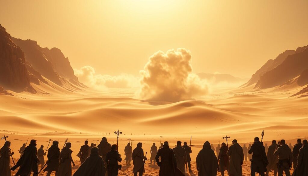 A vast expanse of the deep desert, with towering dunes casting long shadows under a blazing sun. In the foreground, a gathering of figures representing the various guild factions, each poised with a unique strategy, their body language and gestures conveying the intensity of their negotiations. In the middle ground, a swirling sandstorm obscures the distant horizon, hinting at the treacherous environment they must navigate. The lighting is dramatic, with hard shadows and highlights accentuating the rugged terrain and the determined expressions of the characters. The lens is wide, capturing the grand scale of the scene, while the camera angle is slightly elevated, providing a panoramic view of the unfolding strategic maneuverings.