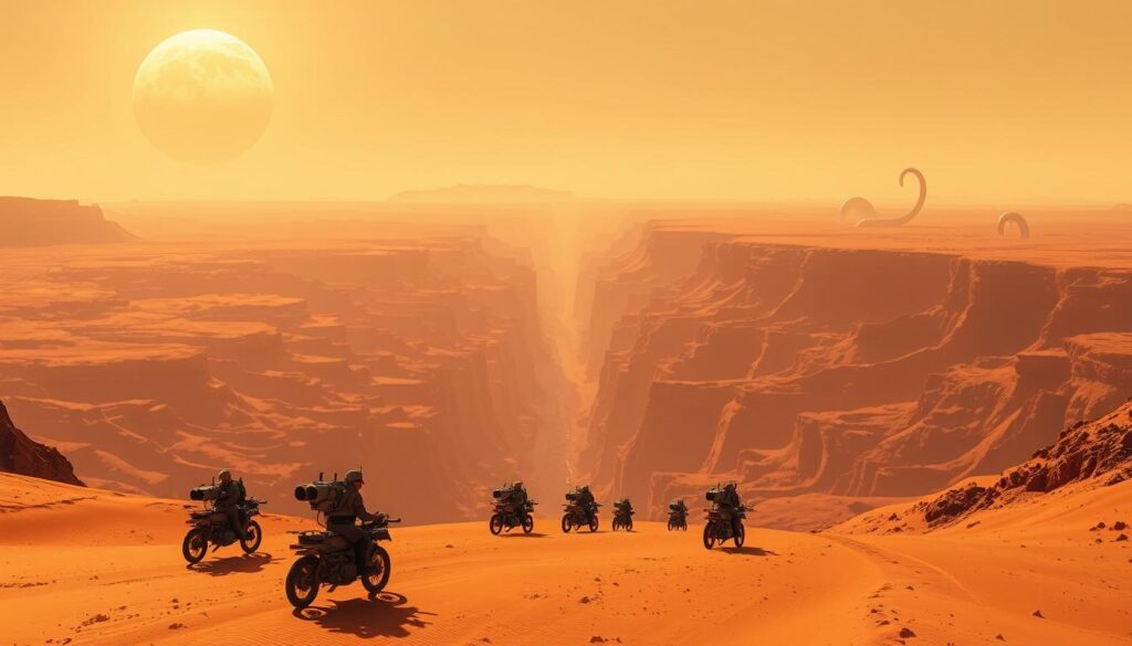 A vast expanse of towering dunes, their vermilion hues glimmering under the dual suns of Arrakis. In the foreground, a squad of Fremen warriors expertly navigate the treacherous terrain, utilizing a network of hoverbikes and macrobinoculars to scan the horizon for the best path forward. The middle ground features a sprawling canyon, the Vermillius Gap, its sheer cliffs and shifting sands posing a formidable challenge to any who would attempt to cross. In the background, the silhouettes of gigantic sandworms lurk, a constant reminder of the dangers that lurk beneath the surface. The scene conveys a sense of cautious exploration, with the Fremen employing a range of specialized equipment and strategies to overcome the obstacles of the Vermillius Gap.