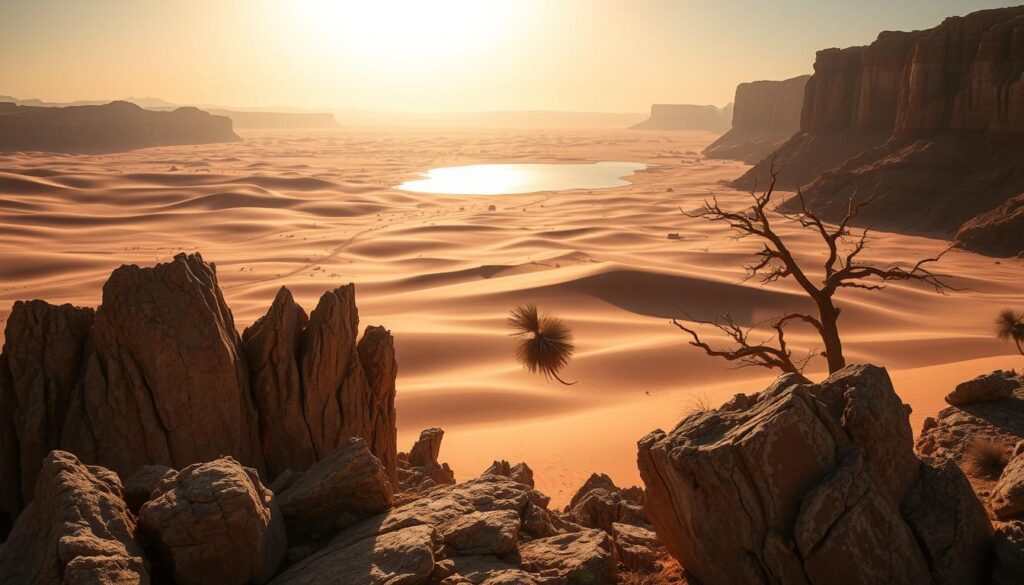 A vast expanse of windswept dunes stretches out under a scorching desert sun, casting long shadows across the undulating landscape. In the foreground, jagged rock formations jut out, their weathered surfaces gleaming in the bright light. A shimmering mirage hovers on the horizon, hinting at the hidden oases that dot the desolate terrain. The middle ground is punctuated by the occasional hardy scrub, their twisted branches reaching skyward. Distant, towering cliffs loom, their rugged silhouettes casting dramatic shadows across the scene. The entire vista is bathed in a warm, golden glow, creating a sense of isolation and tranquility, yet hinting at the dangers that lurk within this unforgiving environment.