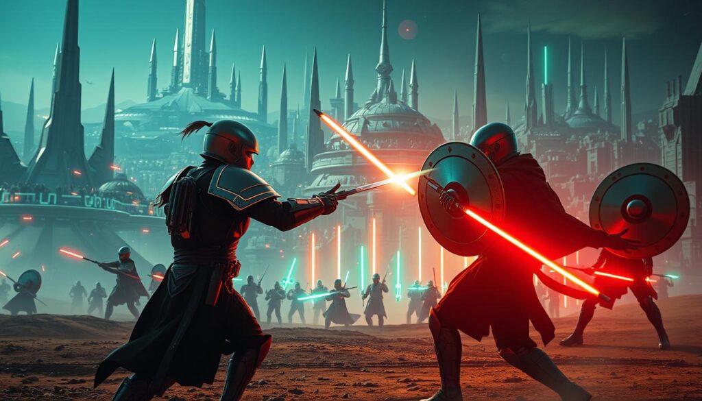 A vast, futuristic battlefield, where warriors clad in sleek, iridescent Holtzman shields engage in a mesmerizing dance of light and shadow. In the foreground, two combatants lock in a fierce duel, their shields flickering and flashing as they parry and riposte, the sound of their clashing weapons echoing through the eerily quiet landscape. In the middle ground, a squad of soldiers maneuver tactically, their shields projecting shimmering energy barriers that deflect a barrage of energy bolts from unseen adversaries. The background is a sprawling, alien cityscape, its towering spires and gleaming structures forming a dystopian backdrop to the intense combat. Vibrant, cinematic lighting casts dramatic shadows and highlights the fluid, almost ballet-like movements of the combatants, creating a captivating and immersive scene.