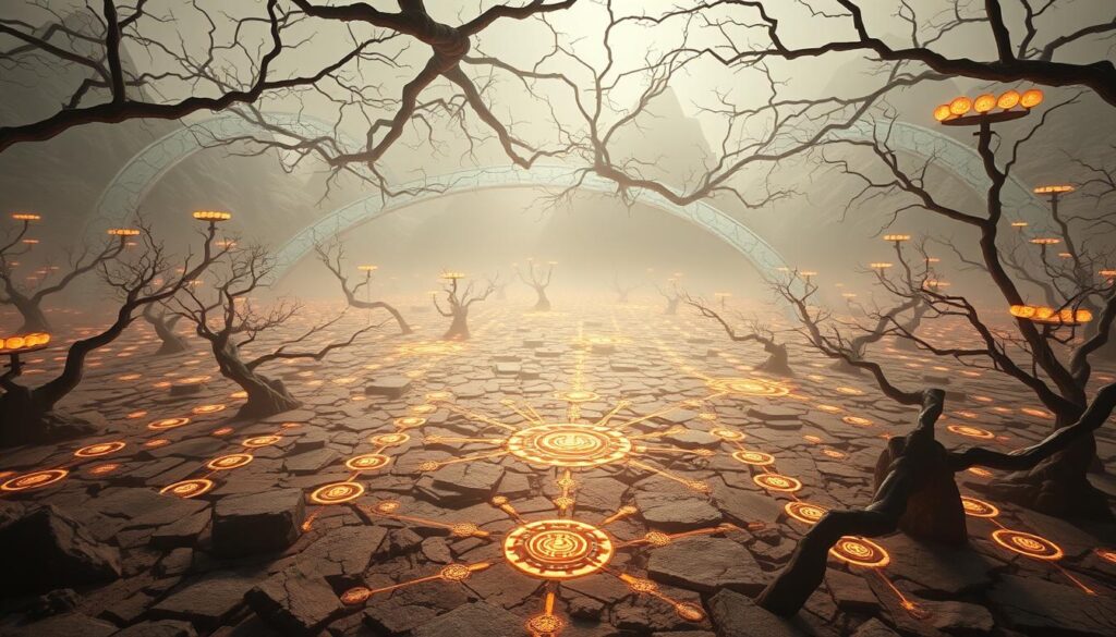 A vast, futuristic landscape unfolds, the ground crisscrossed with intricate skill trees, their branches and nodes illuminated by a warm, diffused light. In the foreground, a central node pulsates with energy, beckoning the viewer to explore the intricate network of interconnected abilities. The middle ground is filled with a myriad of interconnected skill nodes, each representing a unique mastery or enhancement, while the background fades into a hazy, dreamlike environment, hinting at the boundless potential that lies within. The scene is captured with a cinematic, wide-angle lens, conveying a sense of grandeur and discovery, inviting the viewer to delve deeper into the mysteries of the Buried Archives and unlock the secrets of advanced training.