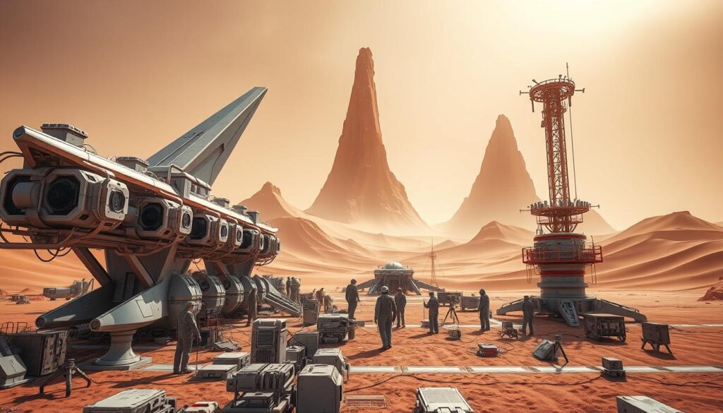 A vast, futuristic testing station dominates the scene, its sleek, angular architecture rising against a backdrop of towering, windswept dunes. In the foreground, various instruments and diagnostic tools are meticulously arranged, reflecting the station's dedication to the exploration and study of the planet's unique geological features. The middle ground is filled with technicians and scientists, their protective suits and equipment indicating the harsh environmental conditions they must contend with. Overhead, the station's intricate network of sensors and monitoring systems are bathed in a warm, diffused lighting, creating an atmosphere of scientific inquiry and discovery. The image conveys a sense of the advanced, cutting-edge nature of the planetologist's work, set amidst the awe-inspiring and unforgiving landscape of the Dune Awakening.