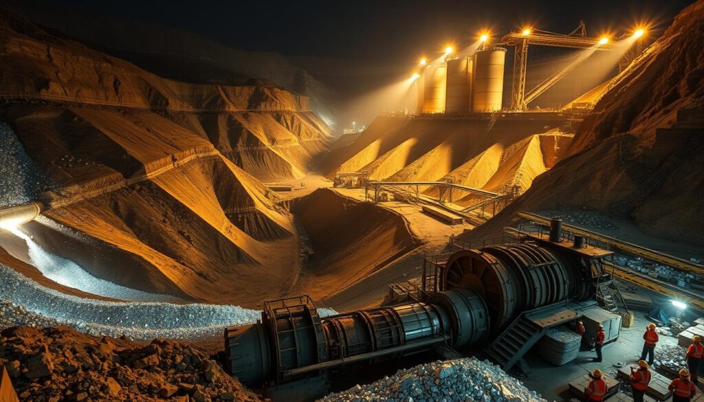 A vast open-pit mine, illuminated by the warm glow of industrial floodlights. Massive excavators tear into the earth, exposing veins of shimmering aluminum ore. In the foreground, workers in protective gear meticulously sort and process the raw material, using state-of-the-art machinery to refine the ore into gleaming aluminum ingots. The scene is bathed in an otherworldly, almost cinematic light, creating a sense of scale and grandeur that captures the essential nature of this vital industrial process. Towering conveyor belts and storage silos loom in the background, hinting at the larger infrastructure that supports this crucial mining operation.