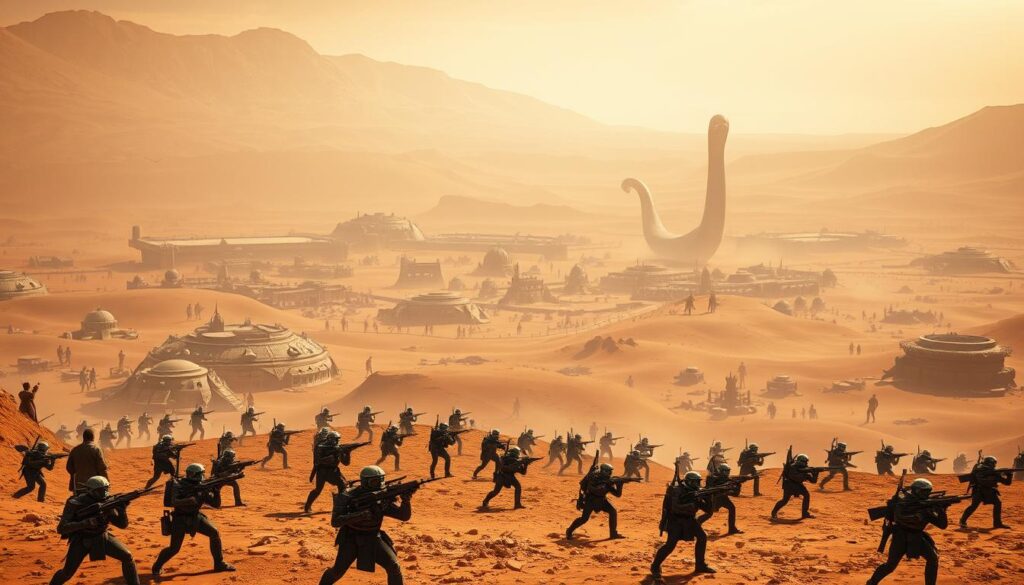 A vast, open-world landscape of the Dune universe, bathed in warm desert tones. In the foreground, a group of players engage in intense multiplayer combat, utilizing a variety of futuristic weapons and equipment. The middle ground reveals a network of interconnected settlements, where survivors cooperate to establish thriving communities and defend against the harsh environment. In the distance, towering sandworms emerge from the dunes, adding an ever-present sense of danger and the need for vigilance. The scene is illuminated by a warm, hazy lighting that captures the essence of the Dune setting, with a cinematic depth of field that draws the viewer's eye to the key action and survival elements. A vast, open-world landscape of the Dune universe, bathed in warm desert tones. In the foreground, a group of players engage in intense multiplayer combat, utilizing a variety of futuristic weapons and equipment. The middle ground reveals a network of interconnected settlements, where survivors cooperate to establish thriving communities and defend against the harsh environment. In the distance, towering sandworms emerge from the dunes, adding an ever-present sense of danger and the need for vigilance. The scene is illuminated by a warm, hazy lighting that captures the essence of the Dune setting, with a cinematic depth of field that draws the viewer's eye to the key action and survival elements.