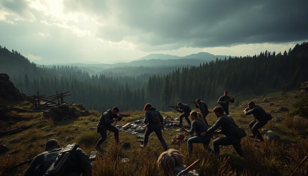 A vast open-world landscape, with a focus on the foreground where a group of players engage in a tense multiplayer survival game. Rugged terrain, dense forests, and a moody, overcast sky set the stage. In the center, players scavenge for resources, craft weapons, and strategize their next move, their faces etched with determination. Lighting is dramatic, casting long shadows and highlighting the intensity of the encounter. The camera angle is slightly elevated, providing a cinematic perspective on the gameplay mechanics unfolding below. An atmosphere of high-stakes competition and the ever-present threat of the unknown permeates the scene.