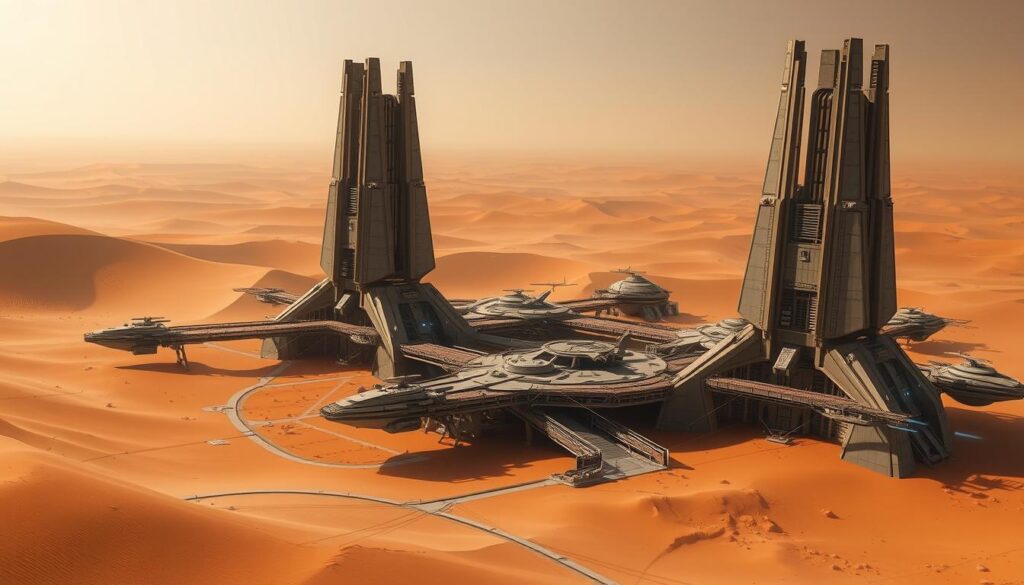 A vast, sprawling Imperial Testing Station nestled in the harsh, wind-swept dunes of a desert planet. The towering, angular structures rise up from the ochre sands, their sleek, metallic surfaces gleaming under the harsh, directional lighting. Intricate walkways and catwalks connect the various modules, while repulsor-powered vehicles glide silently between them. In the distance, a hazy, cloudless sky stretches endlessly, adding to the sense of isolation and remoteness. The overall scene conveys a sense of technological prowess, precision, and the relentless pursuit of knowledge, even in the most unforgiving environments.