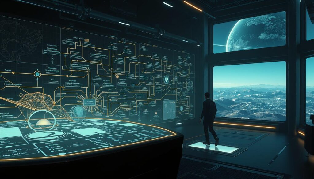 A vast, sprawling quest chain unfolds before the planetologist, a labyrinth of interconnected tasks and challenges. In the foreground, a holographic interface displays a complex web of branching paths, each leading to new discoveries and insights. The planetologist navigates this advanced system, their footsteps echoing in a dimly lit research facility, the walls adorned with intricate maps and diagrams. Soft, ambient lighting casts a contemplative glow, while a large, panoramic window offers a breathtaking view of a distant, alien landscape. The atmosphere is one of intellectual curiosity and the thrill of unraveling the mysteries of the planet. The planetologist, transfixed by the task at hand, is determined to uncover the secrets that lie within this advanced quest chain.