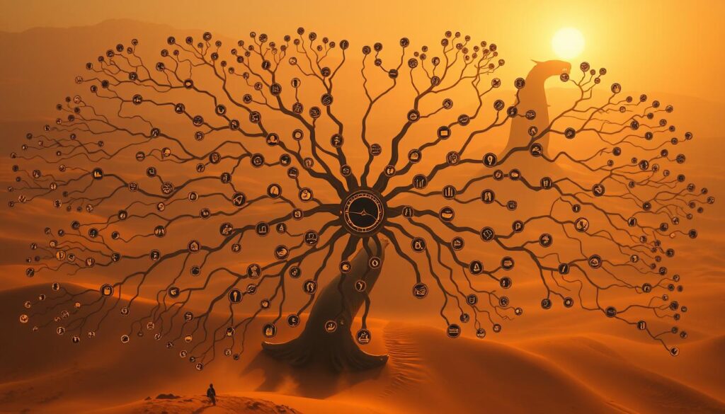 A vast, sprawling skill tree, its branches intricately interconnected, stretching across a desert landscape. In the foreground, a central node glows with a warm, amber light, pulsing with energy. Radiating outward, the branching pathways are adorned with intricate icons and symbols, each representing a unique skill or ability. The middle ground is shrouded in a hazy, ochre-tinted atmosphere, as if the entire scene is infused with the essence of the Dune universe. In the distance, towering sandworms undulate across the dunes, their massive forms silhouetted against a brilliant, setting sun. The overall mood is one of exploration, discovery, and the unlocking of the Planetologist's true potential within the Dune Awakening world.