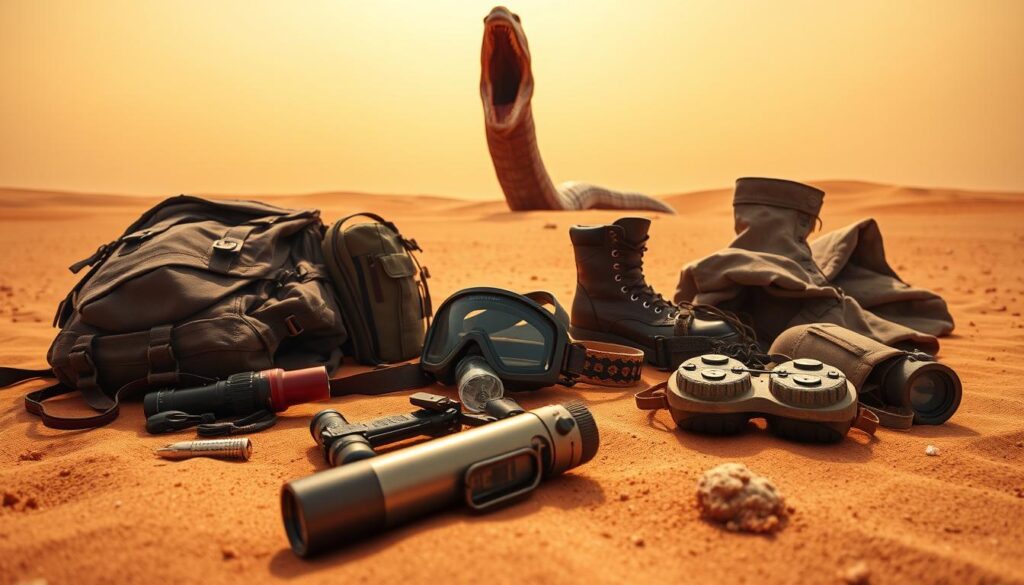 A vast, sun-baked desert landscape, the sky painted in hues of ochre and amber. In the foreground, a collection of essential survival gear lays scattered – a rugged backpack, a high-powered flashlight, a multi-tool, and a canteen filled with precious water. The middle ground reveals a weathered set of goggles, a sturdy pair of boots, and a protective desert cloak, all designed to shield the wearer from the relentless sand and heat. In the background, the towering form of a sandworm emerges, its maw agape, a testament to the dangers that lurk in this unforgiving environment. The scene is captured through a wide-angle lens, emphasizing the vastness and the isolation of the desert, with dramatic lighting that casts deep shadows and highlights the textures of the survival gear. An atmosphere of tension and foreboding pervades the image, hinting at the challenges and risks faced by those who venture into the Dune Awakening world.