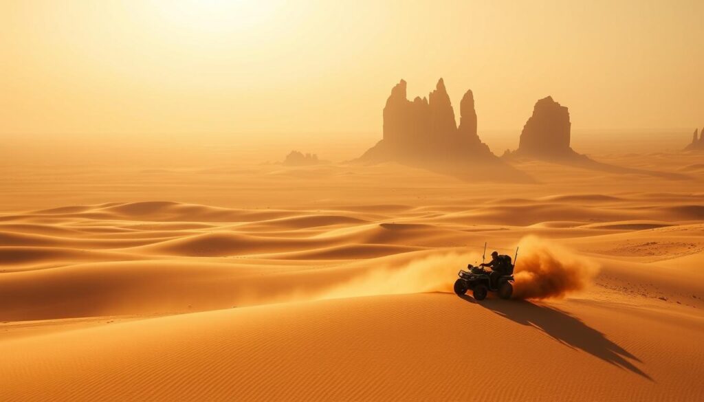 A vast, sun-drenched desert landscape stretches out before the viewer, the horizon hazy and shimmering in the heat. In the foreground, a lone figure on an all-terrain vehicle navigates the endless sea of dunes, kicking up billowing clouds of fine, golden sand. The middle ground reveals towering rock formations, their jagged silhouettes casting long, dramatic shadows across the undulating terrain. In the distance, the vast expanse of the deep desert looms, hinting at the mysteries and challenges that await the intrepid explorer. The scene is bathed in a warm, golden light, the atmosphere charged with a sense of isolation and adventure. A wide-angle, cinematic perspective captures the grandeur and vastness of this alien world, inviting the viewer to immerse themselves in the epic journey of Arrakis. A vast, sun-drenched desert landscape stretches out before the viewer, the horizon hazy and shimmering in the heat. In the foreground, a lone figure on an all-terrain vehicle navigates the endless sea of dunes, kicking up billowing clouds of fine, golden sand. The middle ground reveals towering rock formations, their jagged silhouettes casting long, dramatic shadows across the undulating terrain. In the distance, the vast expanse of the deep desert looms, hinting at the mysteries and challenges that await the intrepid explorer. The scene is bathed in a warm, golden light, the atmosphere charged with a sense of isolation and adventure. A wide-angle, cinematic perspective captures the grandeur and vastness of this alien world, inviting the viewer to immerse themselves in the epic journey of Arrakis.