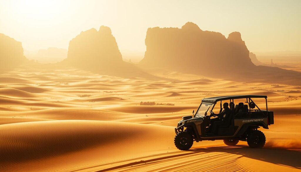 A vast, sun-drenched desert landscape stretches out before the viewer, with towering dunes and shimmering mirages on the horizon. In the foreground, a rugged all-terrain vehicle navigates the shifting sands, its occupants exploring the depths of this harsh yet captivating environment. The vehicle's design blends functional utility with a sense of technological prowess, hinting at the advanced capabilities required to thrive in this unforgiving terrain. The lighting is warm and golden, casting long shadows and creating a sense of depth and atmosphere. The camera angle is slightly elevated, providing a panoramic view that captures the scale and grandeur of the desert setting. Subtle hints of ancient ruins or mysterious structures dot the landscape, suggesting a rich and multifaceted world waiting to be discovered by the daring explorers.