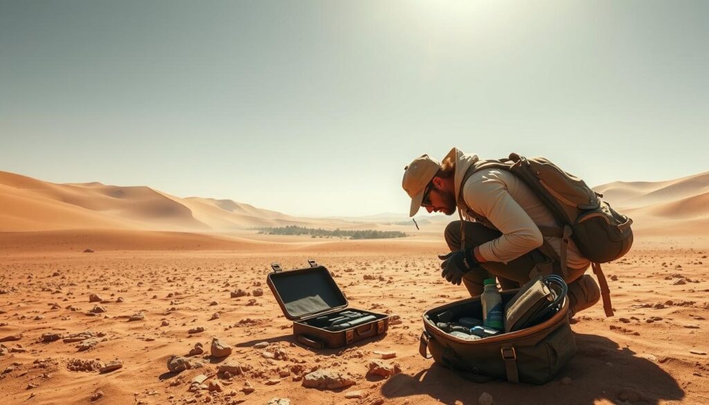 A vast, sun-drenched desert landscape unfolds, its rolling dunes and shimmering heat haze setting the stage. In the foreground, a seasoned explorer crouches, meticulously examining the parched soil for subtle signs of life, their gaze intent and focused. Nearby, a weathered survival kit lies open, its contents - water purifier, compass, and emergency signaling device - a testament to the harsh realities of this environment. The middle ground reveals a distant, sun-bleached oasis, its lush greenery a tantalizing mirage. Overhead, a cloudless azure sky arches, the bright, directional lighting casting dramatic shadows and highlighting the rugged terrain. This image captures the essence of the Planetologist's role - a delicate balance of scientific observation, resourcefulness, and resilience in the face of a demanding, unforgiving landscape.