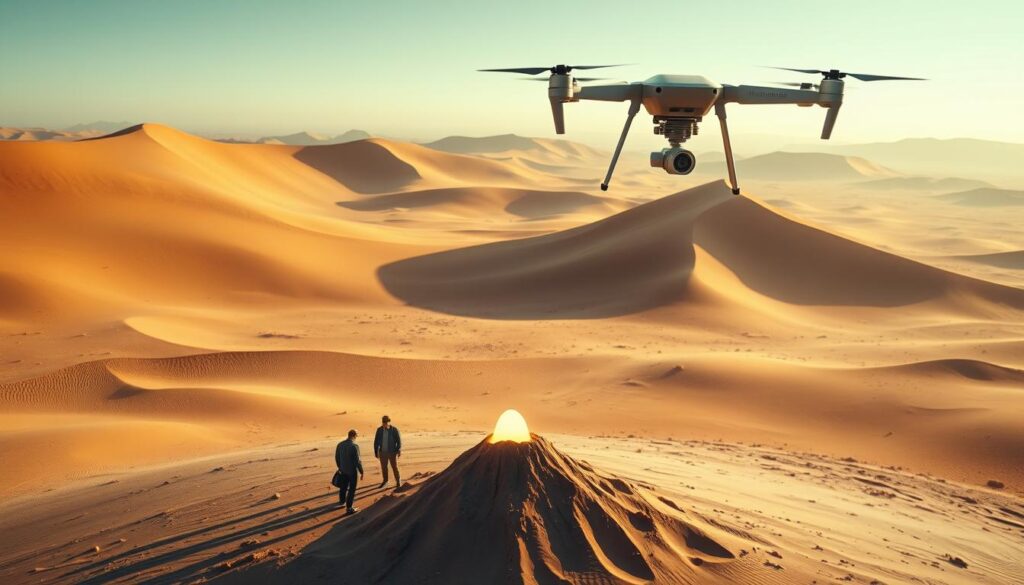 A vast, sun-drenched desert landscape, with towering dunes casting long shadows across the shifting sands. In the foreground, a group of scientists examines a strange, glowing anomaly protruding from the ground, their expressions a mix of fascination and concern. Overhead, a high-altitude aerial drone captures the scene, its sleek, angular form a stark contrast to the natural surroundings. The lighting is warm and golden, creating a sense of mystery and discovery. The camera angle is slightly elevated, giving the viewer a bird's-eye perspective on the unfolding investigation. The mood is one of scientific inquiry and the thrill of uncovering the unknown.
