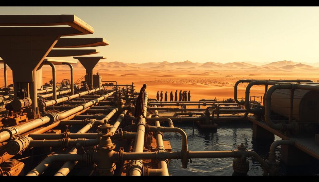A vast, sun-drenched landscape of Arrakis, the desert planet. In the foreground, a complex network of pipes, valves, and filtration systems manages the precious and scarce water resources. Sleek, angular structures cast long shadows, hinting at the advanced technology required to sustain life in this harsh environment. The middle ground features a group of Fremen, the native inhabitants, expertly navigating the intricacies of the water management system, their movements graceful and efficient. In the distance, rolling dunes stretch out, their undulating forms bathed in a warm, golden light, conveying a sense of the unforgiving yet captivating beauty of Arrakis. The scene exudes a mood of resourcefulness, resilience, and the delicate balance between man and nature in this unforgiving desert world.