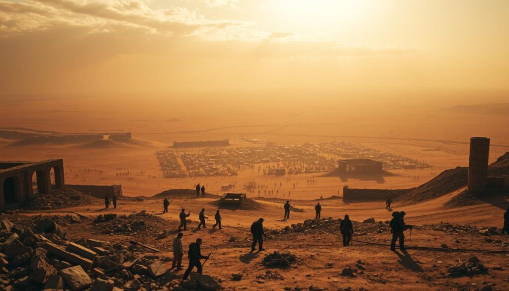 A vast, sun-scorched desert landscape stretches out, dotted with the crumbling ruins of an ancient civilization. In the foreground, a group of resourceful survivors scavenge for vital supplies - scavenging through rubble, crafting makeshift tools, and meticulously managing their limited resources. The middle ground reveals a sprawling, dystopian settlement, where desperate inhabitants vie for dwindling provisions. Overhead, a harsh, cloudless sky casts an ominous, sepia-toned glow, heightening the sense of a world on the brink of collapse. The scene is rendered with a cinematic, gritty aesthetic, capturing the intense struggle for survival in this harsh, unforgiving environment.