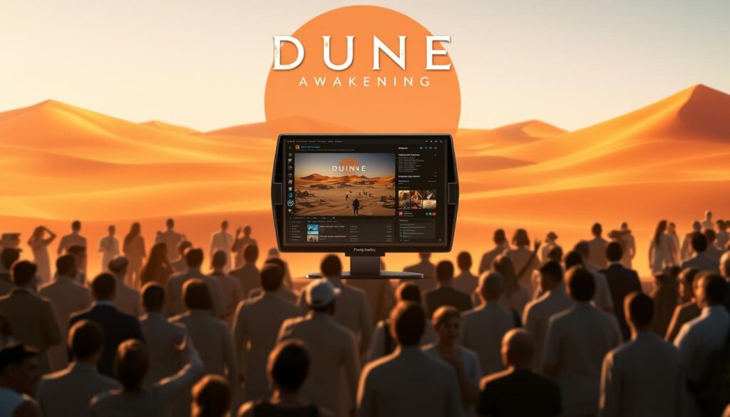 A vibrant community forum bustling with activity, the foreground showcasing a diverse array of game progression resources - tutorials, walkthroughs, and discussion threads. In the middle ground, a sleek, futuristic computer interface displays a Dune Awakening gameplay scenario, hinting at the challenges players may face. The background features a stylized landscape of Dune's iconic sand dunes, bathed in warm, atmospheric lighting that evokes the game's sci-fi setting. The overall composition conveys a sense of collaboration, problem-solving, and the value of tapping into the collective knowledge of the gaming community.