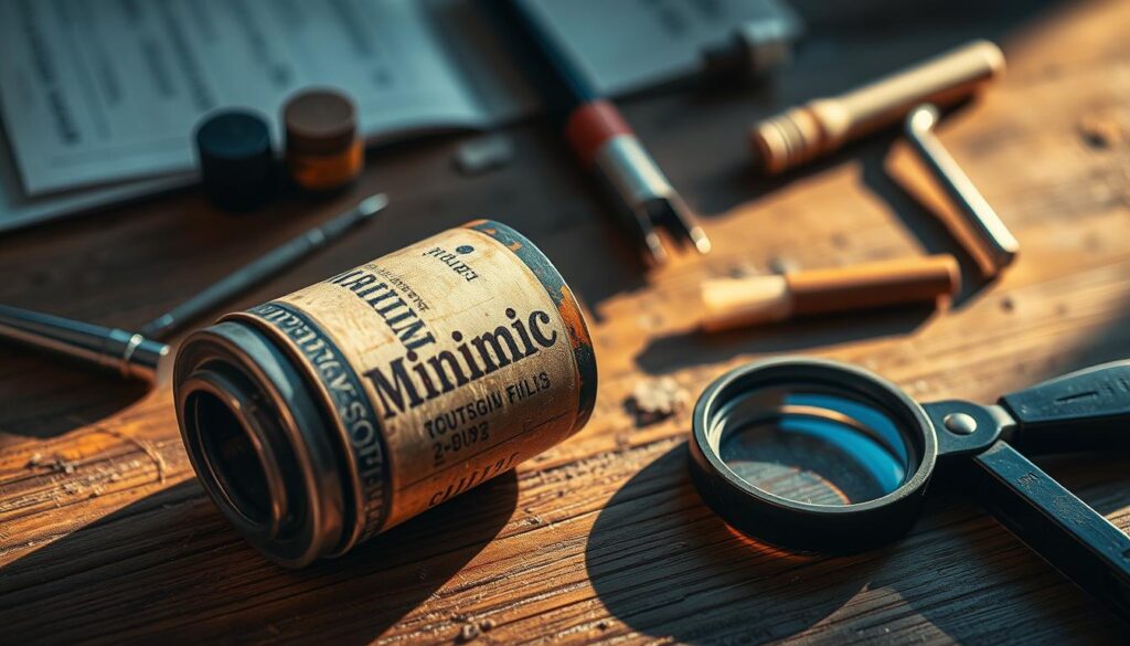 A well-lit, high-resolution close-up shot of a vintage, weathered, and worn minimic film canister lying on a sturdy wooden surface. The canister has a faded, textured label with the word "Minimic" visible. Surrounding the canister, there are a few scattered tools and accessories commonly associated with film processing, such as a pair of tweezers, a small brush, and a magnifying glass, all arranged in a visually appealing composition. The scene is bathed in warm, soft lighting, casting subtle shadows and highlighting the details of the materials. The overall mood is one of exploration, discovery, and the preservation of historical records.