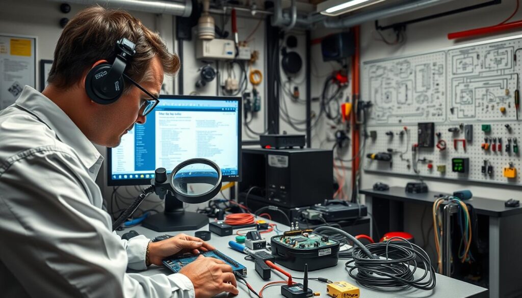 A well-lit testing station with a large computer monitor displaying a detailed guide on bug issues. In the foreground, an engineer examines a circuit board under a magnifying glass, their expression focused and intent. The middle ground features various diagnostic tools, cables, and equipment arranged neatly on a sturdy workbench. The background showcases a wall of technical schematics, sensors, and other monitoring devices, creating a sense of a meticulously organized and high-tech environment. The overall atmosphere conveys a sense of diligent troubleshooting and problem-solving, with a professional and focused mood. A well-lit testing station with a large computer monitor displaying a detailed guide on bug issues. In the foreground, an engineer examines a circuit board under a magnifying glass, their expression focused and intent. The middle ground features various diagnostic tools, cables, and equipment arranged neatly on a sturdy workbench. The background showcases a wall of technical schematics, sensors, and other monitoring devices, creating a sense of a meticulously organized and high-tech environment. The overall atmosphere conveys a sense of diligent troubleshooting and problem-solving, with a professional and focused mood.