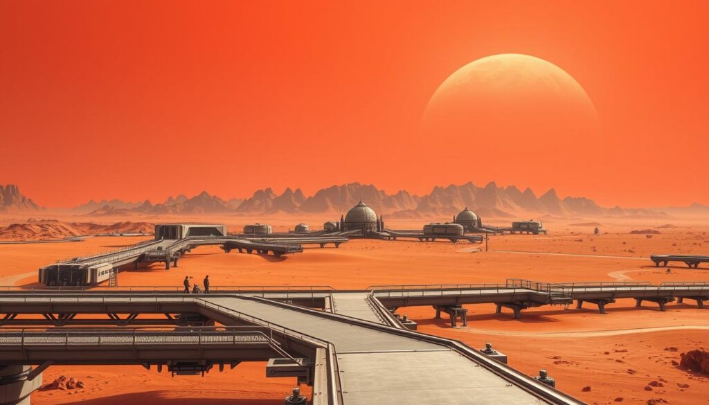 An arid, desert landscape with a series of imposing, angular structures dotting the horizon. Looming over the scene, a reddish-orange sky casts a warm, ominous glow. In the foreground, a network of metallic, futuristic walkways and platforms lead towards the testing stations, their sleek, utilitarian design evoking a sense of military precision. The middle ground features a series of domed, dome-shaped buildings, their surfaces reflecting the harsh sunlight. In the background, a range of jagged, rocky hills provide a rugged, inhospitable backdrop, emphasizing the isolation and harsh conditions of this remote testing facility. The overall scene conveys a sense of exploration, discovery, and the challenges faced by those navigating the Imperial testing stations on this harsh, alien world.
