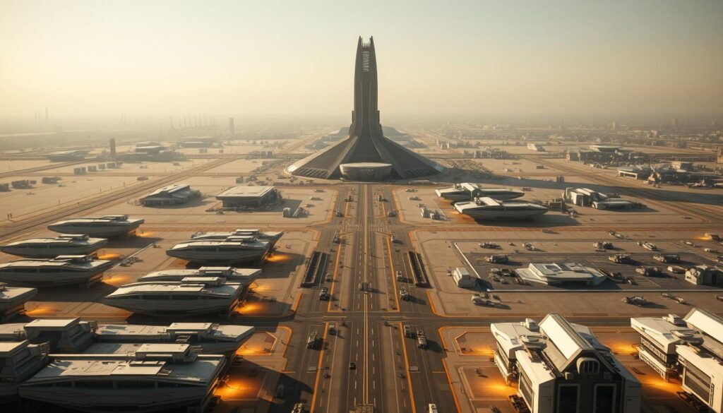 An expansive imperial testing station layout spreads out before the viewer, meticulously designed with a blend of industrial functionality and strategic military precision. In the foreground, sleek, angular structures housing advanced monitoring and research equipment stand in orderly rows, bathed in the warm glow of carefully positioned lighting. The middle ground reveals a sprawling network of roads and landing pads, where hover-transports and maintenance vehicles navigate the bustling facilities. In the distance, a towering central command tower rises, its angular silhouette casting long shadows across the complex. The overall atmosphere conveys a sense of calculated efficiency and unwavering authority, befitting the imperial forces' meticulous approach to scientific exploration and military technology development.
