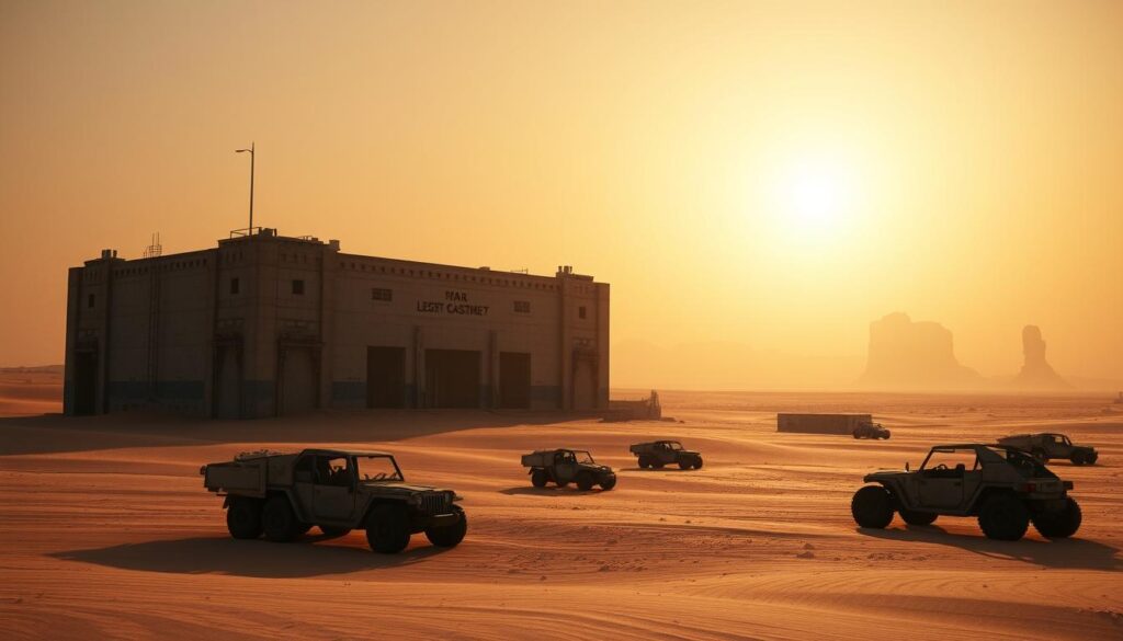 An imposing, derelict Imperial Testing Station No.197 stands amidst a vast, sun-scorched desert landscape. The ancient, durasteel structure looms in the foreground, its weathered facade casting long shadows across the shifting dunes. In the middle ground, a handful of worn, dune-buggy-like vehicles are parked haphazardly, suggesting recent activity. The background is dominated by a hazy, ochre sky, punctuated by the silhouettes of distant rock formations. A sense of mystery and discovery hangs in the air, as if the station guards secrets from a forgotten era. Dramatic lighting from the setting sun casts an ominous glow, heightening the sense of anticipation and exploration.