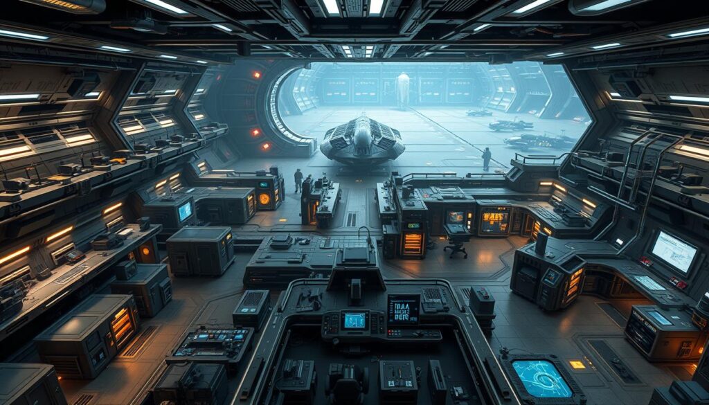 An intricate layout of an Imperial testing station, rendered in a highly detailed and technical style. The foreground depicts a complex network of corridors, laboratories, and specialized equipment, illuminated by harsh overhead lighting. The middle ground showcases modular control rooms, data terminals, and holographic displays, conveying a sense of advanced technology and scientific rigor. In the background, a vast hangar bay with docked vehicles and shuttles hints at the scale and purpose of this secretive facility. The overall atmosphere is one of precision, efficiency, and a subtle air of foreboding, befitting the Imperium's relentless pursuit of technological dominance.