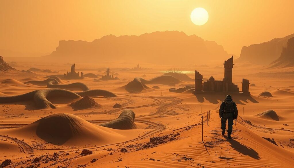 Arrakis loot farming routes, a vast and treacherous landscape of towering dunes and shimmering sands. In the foreground, a network of well-worn paths wind through the barren terrain, flanked by the hulking silhouettes of massive sandworms. The middle ground is dotted with the weathered ruins of ancient structures, their crumbling facades casting long shadows across the shifting sands. The background is dominated by the towering cliffs of the Shield Wall, their jagged peaks piercing the hazy, orange-tinted sky. The scene is bathed in the warm, golden light of Arrakis' twin suns, casting a sense of foreboding and adventure. A lone figure, equipped with a rebreather and scavenging gear, navigates the treacherous path, determined to uncover the secrets and riches hidden within this unforgiving desert world.