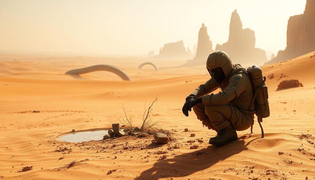 Arrakis survival strategies: A vast, sun-drenched desert landscape, where the sands shift and the winds howl. In the foreground, a lone figure, clad in a tattered stillsuit, their face obscured by a protective mask. They crouch beside a small oasis, carefully tending to a precious water cache. The middle ground reveals the distant silhouettes of giant sandworms, their cavernous maws ready to swallow the unwary. In the background, towering rock formations cast long shadows, hinting at the treacherous terrain. The lighting is harsh and unforgiving, casting dramatic contrasts and evoking the harsh realities of life on this harsh, unforgiving world. The mood is one of grim determination, a testament to the resilience and resourcefulness required to survive in the unforgiving dunes of Arrakis.