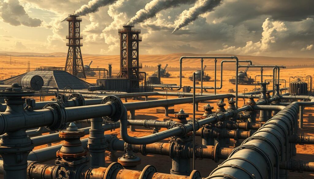 Detailed technical illustration of the "Hagga Basin South" region, set against a dystopian, post-apocalyptic landscape. In the foreground, a network of pipes, valves, and monitoring equipment, meticulously rendered. The middle ground features towering, rusted industrial structures, casting dramatic shadows. The background showcases a bleak, dust-swept horizon, with ominous storm clouds gathering. Cinematic lighting emphasizes the scale and complexity of the infrastructure, conveying a sense of both functionality and decay. The overall tone is one of gritty resilience, hinting at the challenges faced in maintaining this critical system.