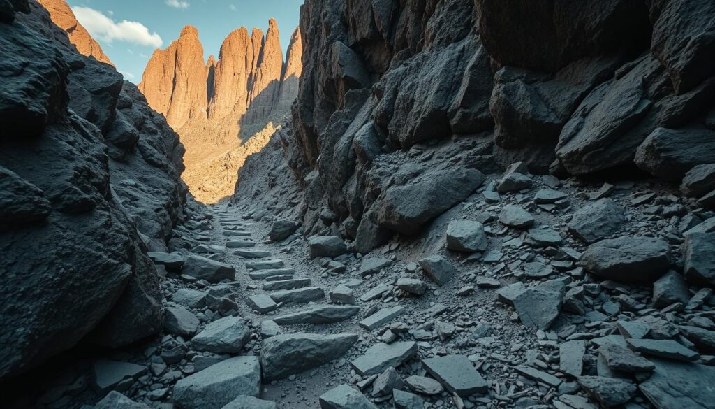 Dramatic rocky terrain with treacherous paths winding through rugged cliffs, boulders, and crevices. The foreground features detailed textures of weathered stone, with shards and debris scattered across the ground. In the middle ground, the path narrows, forcing the viewer to navigate steep inclines and sharp turns. The background showcases towering rock formations bathed in warm, golden afternoon light, casting dramatic shadows. The overall atmosphere conveys a sense of challenge and precariousness, guiding the viewer through the hazardous landscape. Captured with a wide-angle lens to provide a cinematic, immersive perspective.