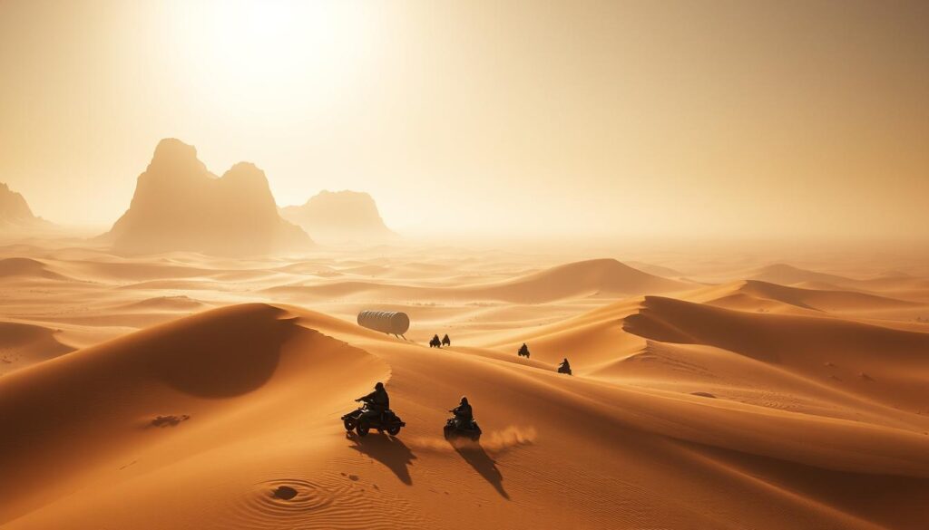 Dune Awakening gameplay mechanics: A vast desert landscape, with towering dunes casting long shadows under a scorching sun. In the foreground, a group of players navigating the treacherous terrain, expertly controlling their ornithopter-like vehicles as they weave between the dunes. In the middle ground, a massive sandworm burrows through the sand, its colossal form a testament to the power of Arrakis. The background is filled with the shimmering haze of the horizon, hinting at the challenges and opportunities that await the players as they explore this iconic sci-fi world. The scene is rendered with a cinematic, high-contrast aesthetic, capturing the gritty, immersive nature of the Dune Awakening experience.