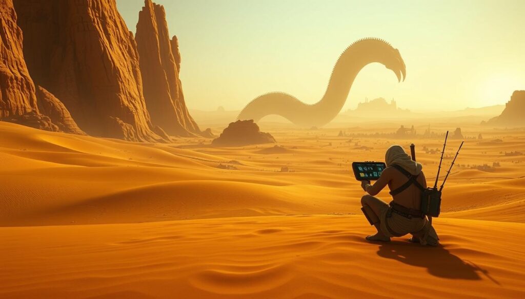 Dune Awakening survival mechanics: A vast desert landscape bathed in warm, golden light. In the foreground, a lone figure in desert attire crouches amid the shifting sands, examining a complex display panel on a futuristic device. Towering rock formations and the silhouette of a massive sandworm loom in the middle ground, while the horizon is dotted with scattered ruins and settlements. The atmosphere conveys a sense of isolation, resourcefulness, and the ever-present danger of the harsh Dune environment. Cinematic camera angle, realistic textures, and a touch of gritty, post-apocalyptic aesthetic.