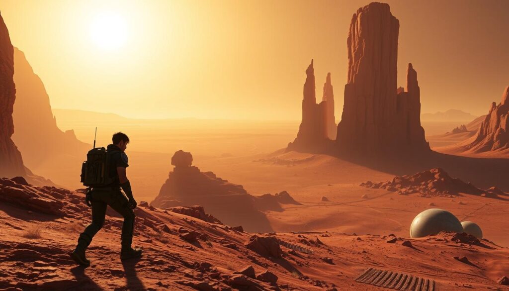 Planetologist Trainer Quest: A striking sci-fi landscape of a distant desert planet, bathed in warm, golden light. In the foreground, a determined explorer, equipped with advanced gear, navigates the rugged terrain. Towering, otherworldly rock formations rise in the middle ground, casting dramatic shadows. In the background, a panoramic vista reveals a horizon dominated by twin suns, hinting at the unique challenges and discoveries that await the aspiring planetologist. The scene conveys a sense of adventure, discovery, and the pursuit of knowledge, setting the stage for the "Unlocking the Advanced Planetologist Trainer Quest" narrative.