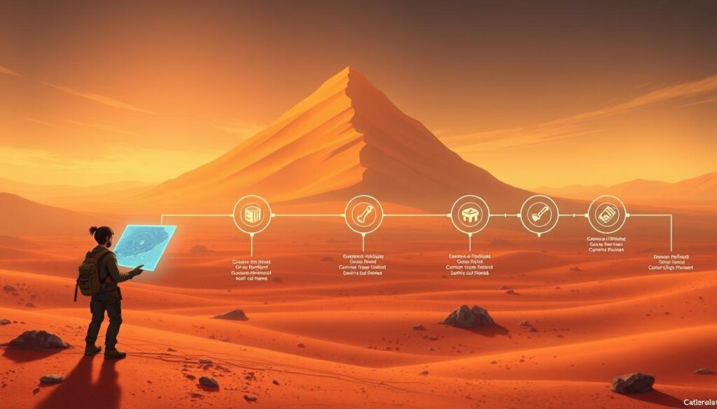 Planetologist questline steps: A vibrant digital illustration showcasing the key stages of the Planetologist's training journey. In the foreground, a determined explorer stands amidst a sprawling desert landscape, studying a holographic map. The middle ground features a series of interactive nodes, each representing a different task or milestone, connected by glowing lines. In the background, a towering dune rises, casting a dramatic shadow over the scene, hinting at the challenges and discoveries that lie ahead. The lighting is warm and atmospheric, creating a sense of adventure and discovery. The camera angle is slightly elevated, providing a comprehensive view of the entire questline process.