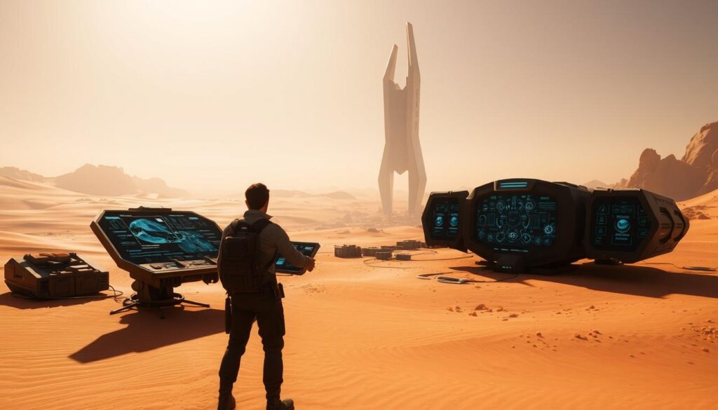 Planetologist trainer quest guide: A vast desert landscape, sun-drenched and shimmering with heat. In the foreground, a determined explorer stands, navigating a complex array of holographic displays and controls, immersed in the intricate processes of training a planetary specialist. The middle ground reveals a towering, futuristic structure, its sleek lines and angular design hinting at the advanced technology within. In the background, a horizon of dunes and rock formations stretches out, a constant reminder of the harsh and unforgiving environment. Soft, directional lighting casts dramatic shadows, creating a sense of depth and atmosphere. The scene conveys a sense of focus, determination, and the challenge of mastering the secrets of a distant, alien world.