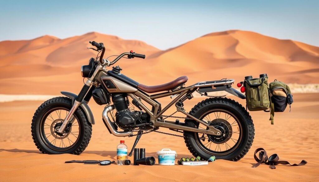 Sandbike and exploration equipment guide, set against a vast desert landscape. In the foreground, a rugged sand bike with oversized tires and a reinforced frame, ready to traverse the dunes. Beside it, an array of essential tools - a compass, binoculars, a water filtration system, and a survival kit. In the middle ground, a small tent and backpacks, hinting at the expedition ahead. The background features towering dunes, bathed in warm, golden light, capturing the sense of adventure and exploration. The scene conveys a mood of preparedness and excitement, as the explorer readies themselves for the challenges of the dune world.
