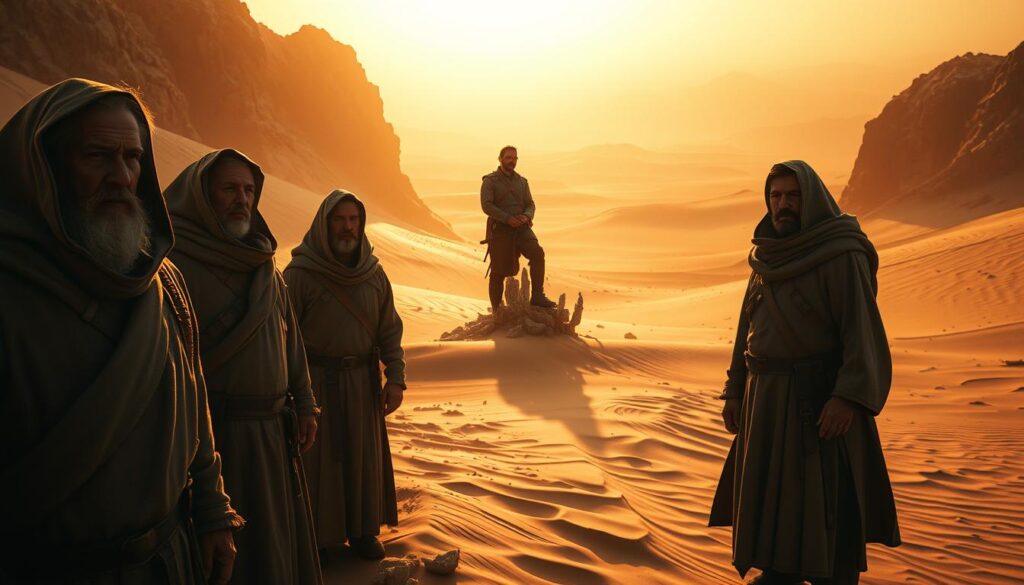 Survivalist passives in a Dune-inspired landscape: a group of rugged, robed figures stand resolute amid the towering dunes, their weathered faces gazing out across the vast, shimmering expanse. The warm, golden light casts long shadows, creating a sense of solemnity and quiet contemplation. In the middle ground, a crystalline structure juts from the sand, hinting at the harsh realities of this harsh world. The background fades into a hazy, dreamlike horizon, the sky tinged with the subtle hues of an alien sunset. Cinematographic, wide-angle composition captures the stark, elemental beauty of this harsh, primordial environment, where the planetologists must eke out an existence.