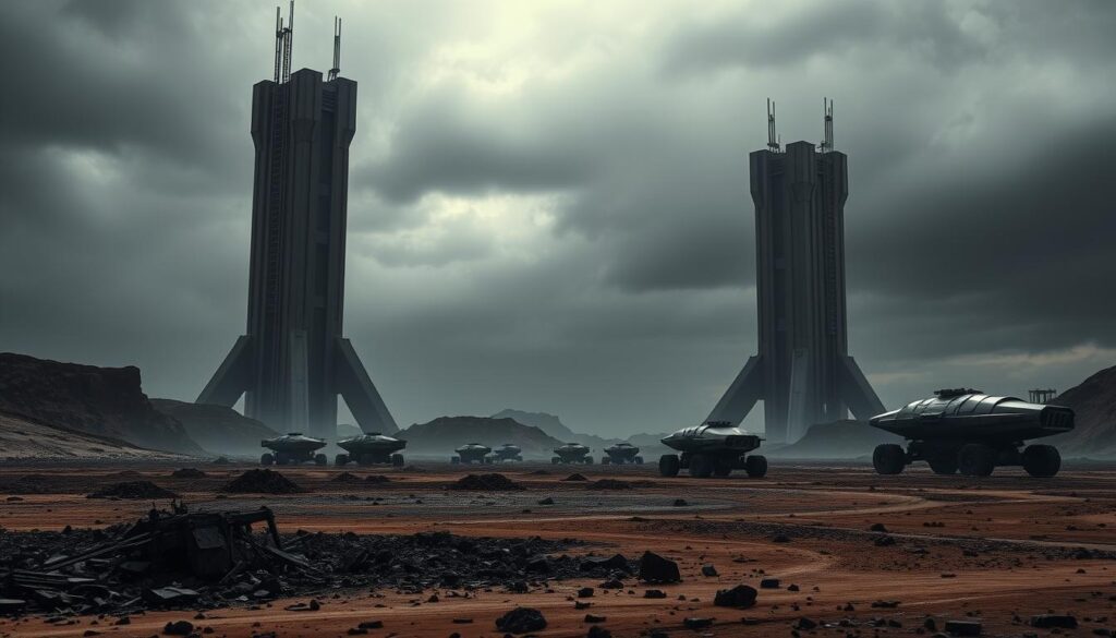 Towering imperial testing structures loom against a brooding, slate-gray sky. Scorched earth and rubble litter the foreground, hinting at the rigorous trials conducted here. Sleek, angular silhouettes of armored vehicles and testing equipment dot the landscape, their forms casting long shadows. A sense of isolation and challenge permeates the scene, as if the very environment itself tests the resilience of those who dare to venture here. The atmosphere is one of subdued tension, a testament to the harsh realities of the imperial training regimen. Dramatic, high-contrast lighting accentuates the rugged, utilitarian aesthetics, capturing the essence of this testing station's unforgiving purpose.