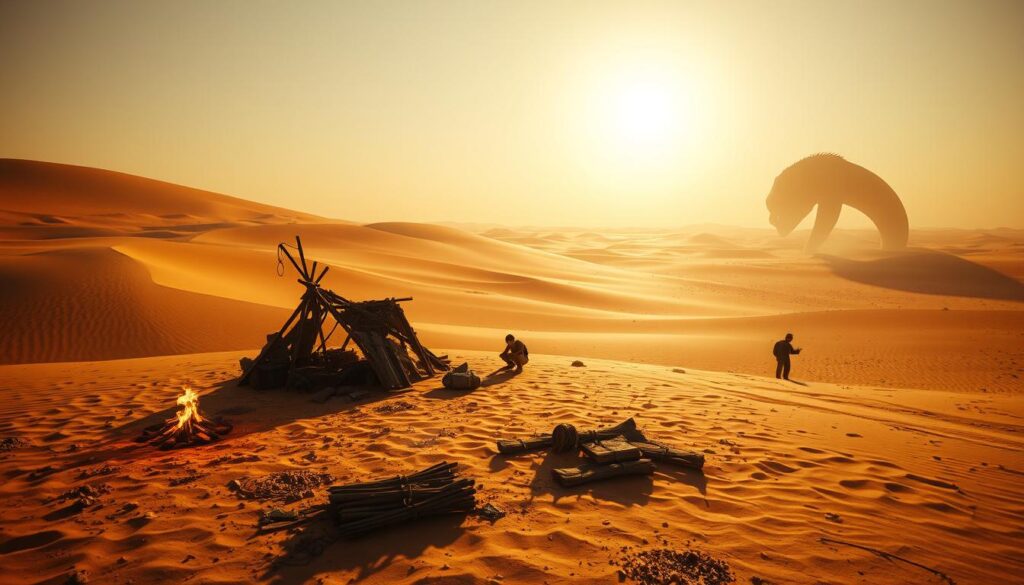 Vast desert landscape, scorching sun beams down on the sandy dunes. In the foreground, a lone figure crouches, examining a makeshift shelter crafted from scavenged materials. Nearby, a small campfire flickers, providing warmth and a means to purify water. The middle ground reveals the character gathering resources, checking their inventory for essential survival tools. In the distance, the silhouette of a massive sandworm emerges, a constant threat in this harsh environment. The scene is bathed in warm, golden tones, conveying the relentless, unforgiving nature of the desert. Cinematic, wide-angle perspective captures the scale and isolation of the survival experience.