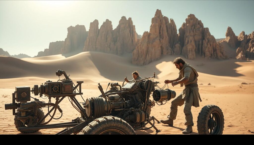 Vast, sun-bleached desert landscape, towering dunes and rugged, wind-carved rock formations. In the foreground, a group of weathered, makeshift mechanical contraptions - salvaged parts, repurposed tools, and scavenged materials - forming a makeshift workshop. Skilled desert mechanics, clad in tattered, sand-blasted garments, intently working on the machines, modifying and repairing them to withstand the relentless storms. Harsh, angled sunlight casts dramatic shadows, highlighting the intricate details of the machinery and the weathered faces of the mechanics. The atmosphere is one of resilience, ingenuity, and the constant struggle to adapt to the unyielding desert environment.