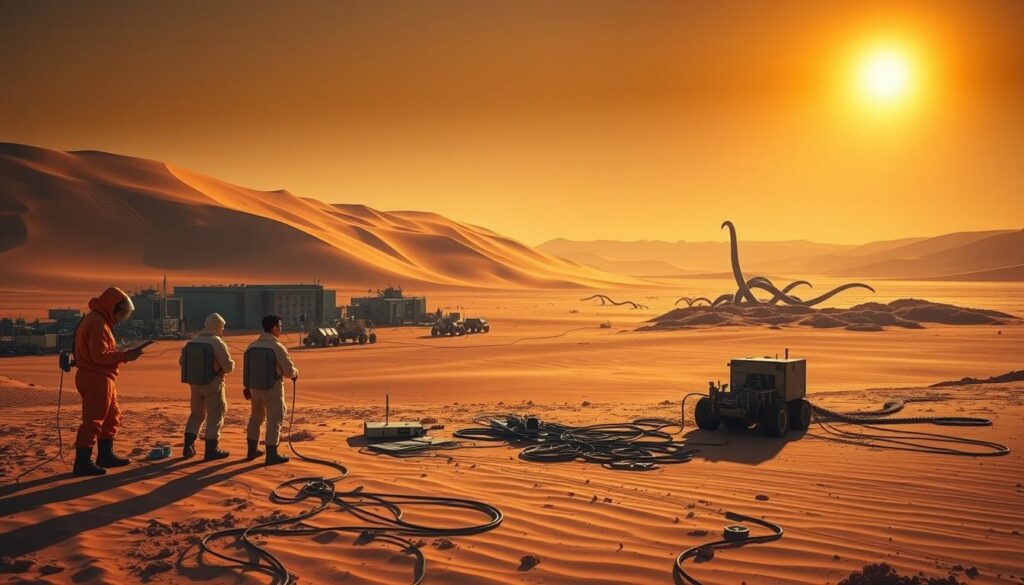 Vermillius Gap Testing Station, a sprawling complex nestled amidst the towering dunes of Arrakis. In the foreground, a group of scientists in environmental suits scrutinize a series of soil samples, their instruments casting long shadows under the harsh desert sun. The middle ground reveals an array of advanced testing equipment, cables snaking across the sand, as researchers study the intricate patterns of buried geological formations. In the distance, the iconic silhouettes of gigantic sandworms loom, a reminder of the unforgiving nature of this harsh world. The scene is bathed in a warm, amber glow, the lighting evoking a sense of exploration and discovery amidst the challenges of this inhospitable landscape. A lens flare glimmers at the edge of the frame, capturing the essence of this remote outpost on the frontier of Dune's buried archives.